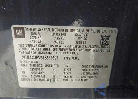 2018 Chevrolet Equinox Lt из США, поврежденный, VIN 3GNAXJEV5JS560592